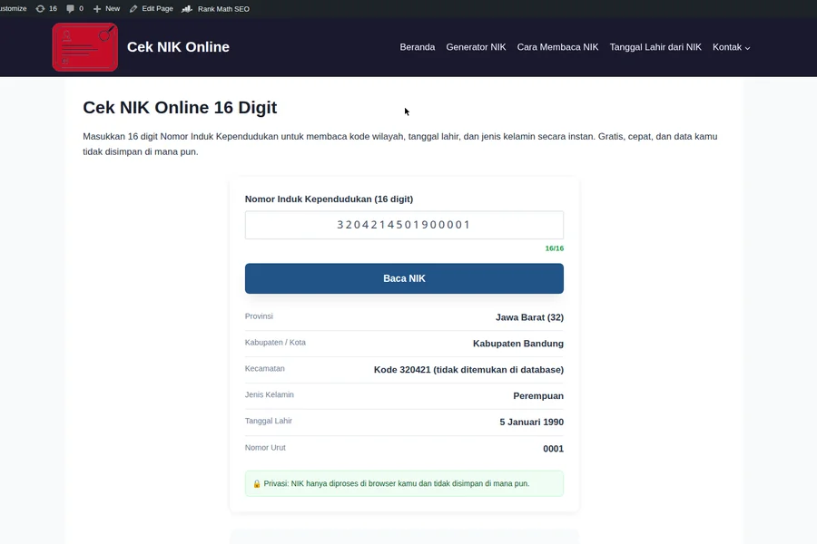 Contoh hasil cek NIK online 16 digit yang menampilkan provinsi, kabupaten/kota, tanggal lahir, dan jenis kelamin